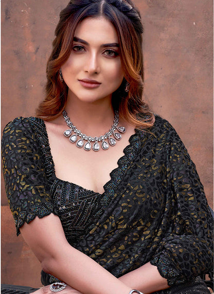 Velvet Black Wedding Wear Bead Work Ready To Wear Saree 387535