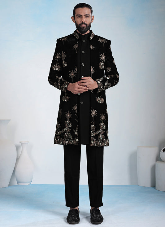 Black Velvet Embroidery Work Wedding Wear Readymade 5 Pcs Suit SW132295