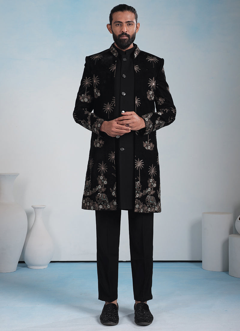 Black Velvet Embroidery Work Wedding Wear Readymade 5 Pcs Suit SW132295