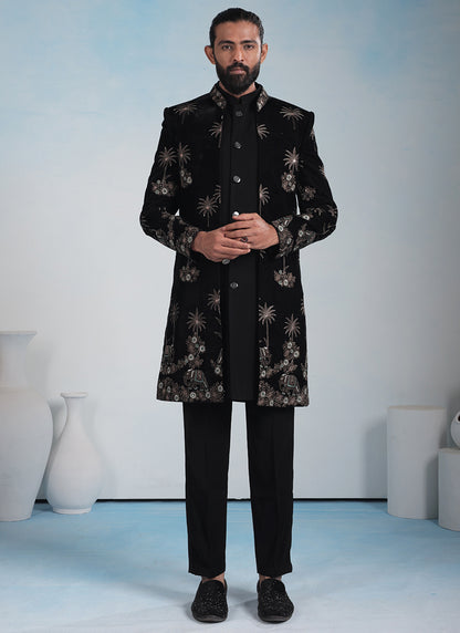 Black Velvet Embroidery Work Wedding Wear Readymade 5 Pcs Suit SW132295