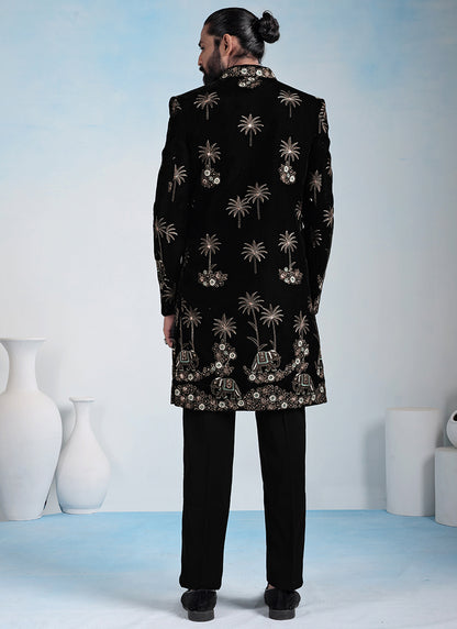 Black Velvet Embroidery Work Wedding Wear Readymade 5 Pcs Suit SW132295