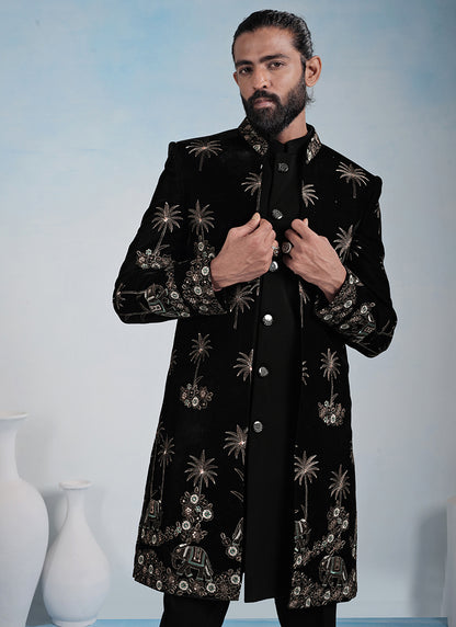 Black Velvet Embroidery Work Wedding Wear Readymade 5 Pcs Suit SW132295