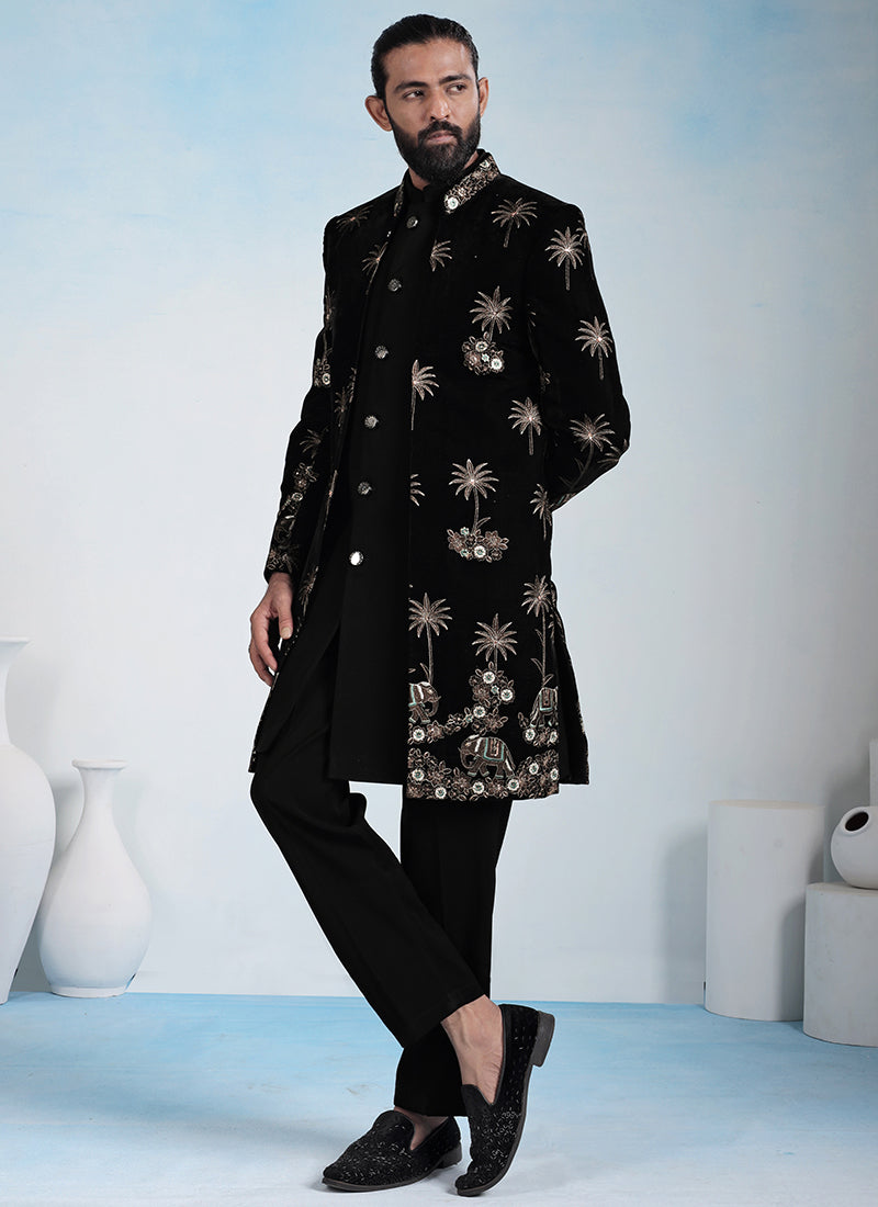 Black Velvet Embroidery Work Wedding Wear Readymade 5 Pcs Suit SW132295