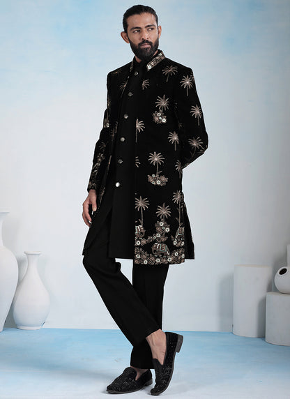 Black Velvet Embroidery Work Wedding Wear Readymade 5 Pcs Suit SW132295
