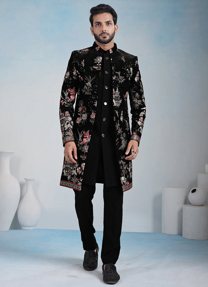 Black Velvet Embroidery Work Wedding Wear Readymade 3 Pcs Suit SW820654