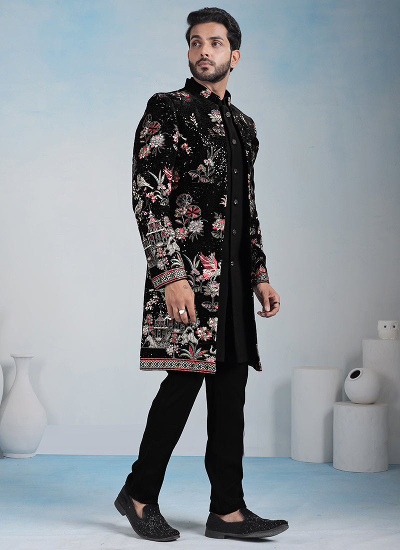 Black Velvet Embroidery Work Wedding Wear Readymade 3 Pcs Suit SW820654