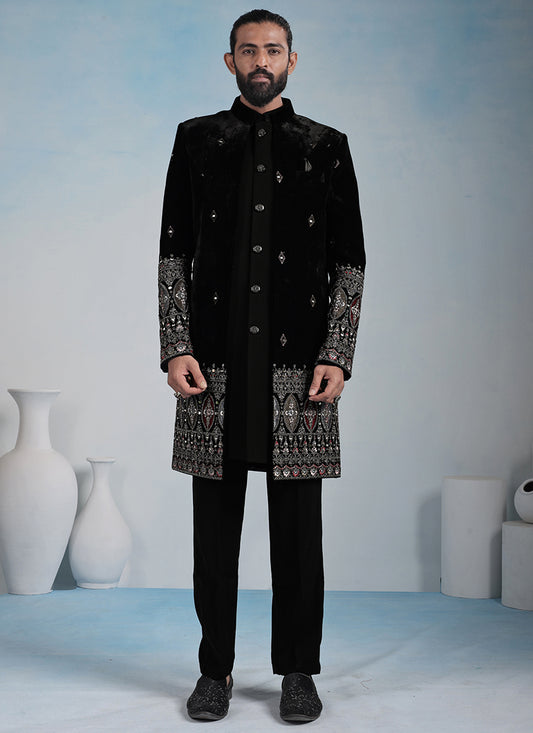 Black Velvet Embroidery Work Wedding Wear Readymade 5 Pcs Suit SW114288