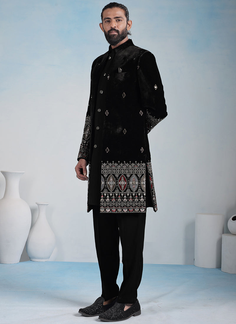Black Velvet Embroidery Work Wedding Wear Readymade 5 Pcs Suit SW114288