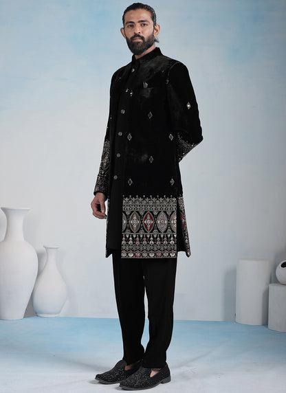 Black Velvet Embroidery Work Wedding Wear Readymade 5 Pcs Suit SW114288
