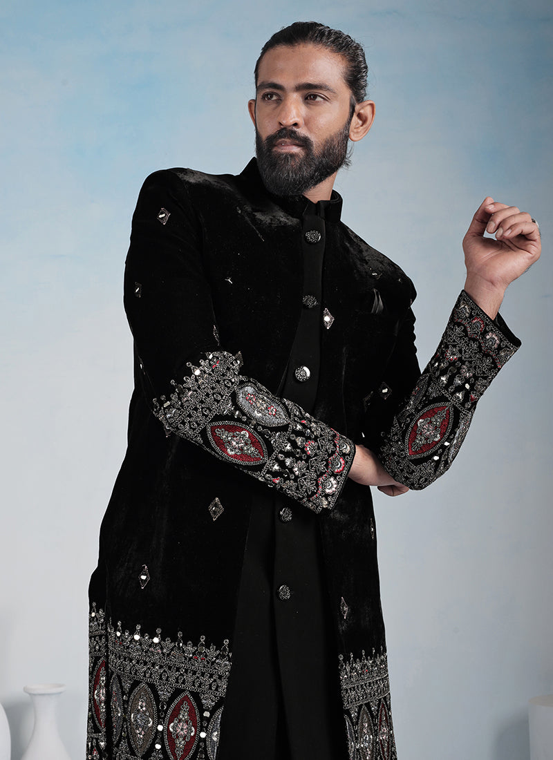 Black Velvet Embroidery Work Wedding Wear Readymade 5 Pcs Suit SW114288