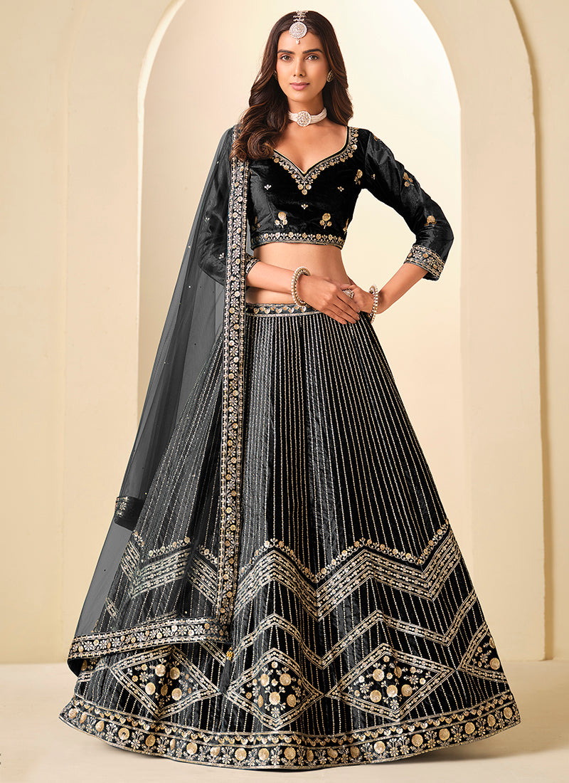 Velvet Black Wedding Wear Sequins Work Lehenga Choli 388577