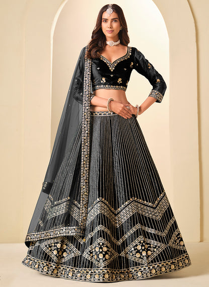 Velvet Black Wedding Wear Sequins Work Lehenga Choli 388577