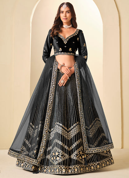 Velvet Black Wedding Wear Sequins Work Lehenga Choli 388577
