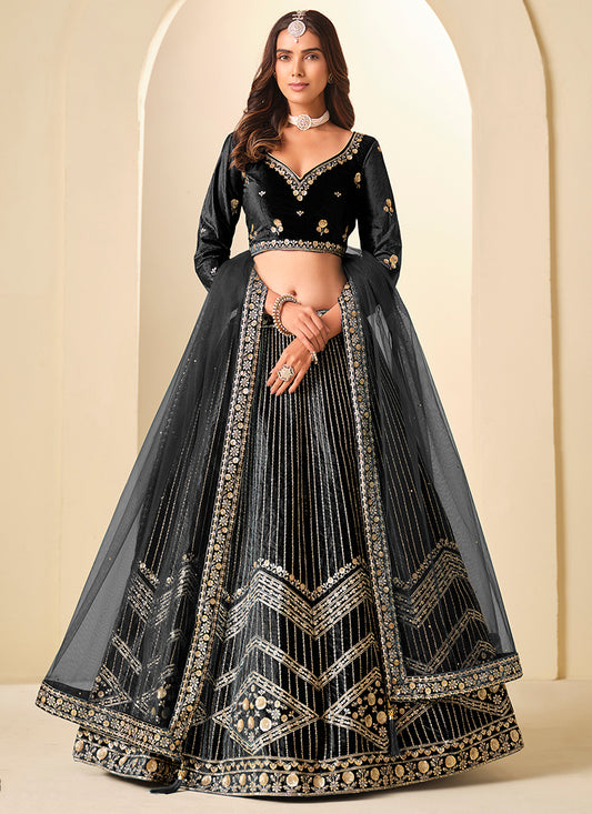 Velvet Black Wedding Wear Sequins Work Lehenga Choli 388577