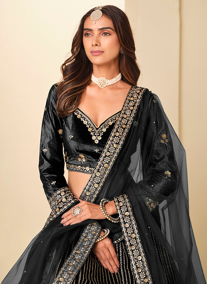 Velvet Black Wedding Wear Sequins Work Lehenga Choli 388577