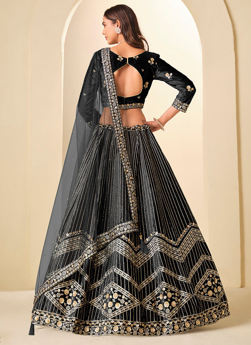 Velvet Black Wedding Wear Sequins Work Lehenga Choli 388577