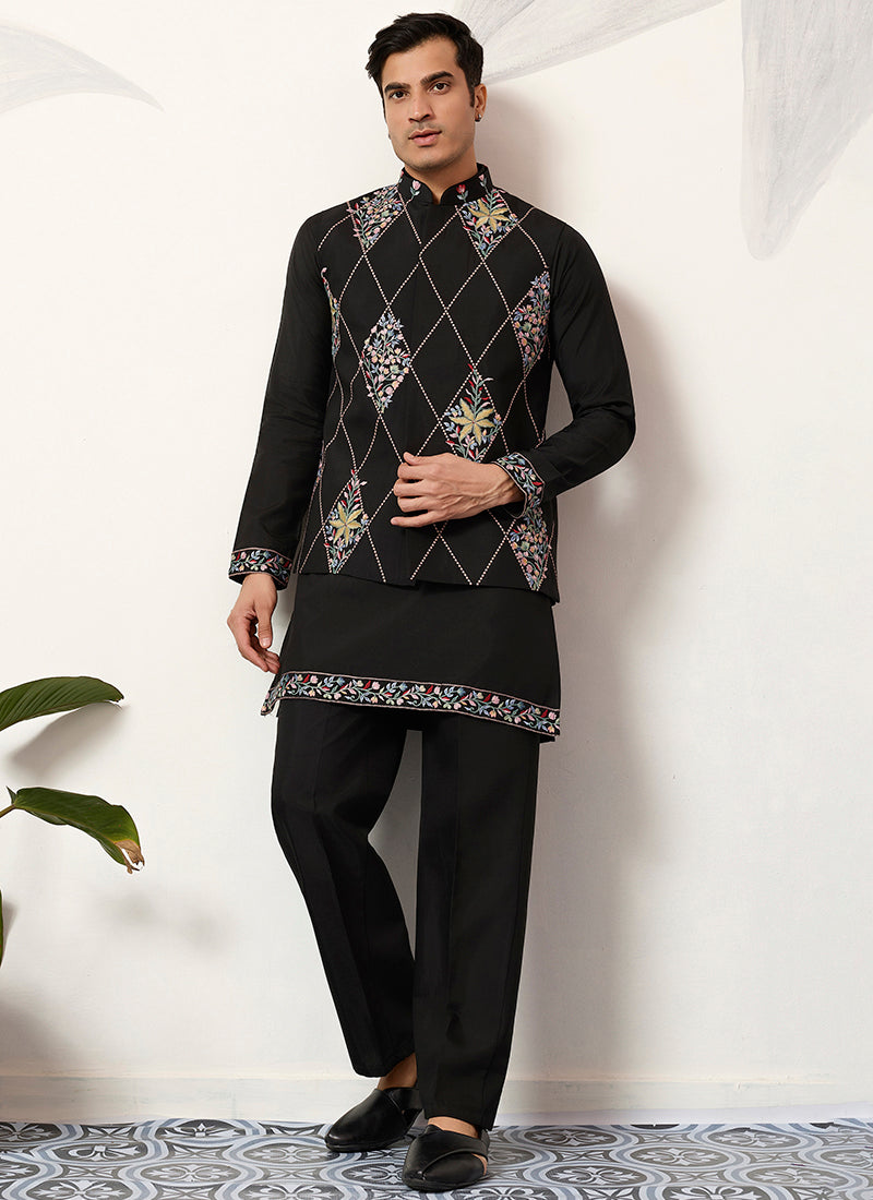 Viscose Art Silk Black Festival Wear Sequins Embroidery Work Readymade Modi Jacket Kurta Pajama 388647