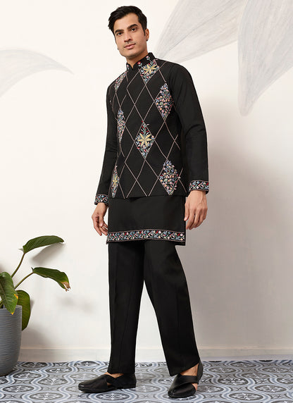 Viscose Art Silk Black Festival Wear Sequins Embroidery Work Readymade Modi Jacket Kurta Pajama 388647