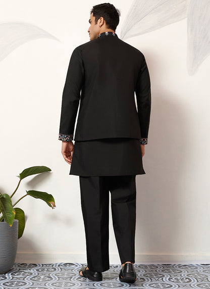 Viscose Art Silk Black Festival Wear Sequins Embroidery Work Readymade Modi Jacket Kurta Pajama 388647