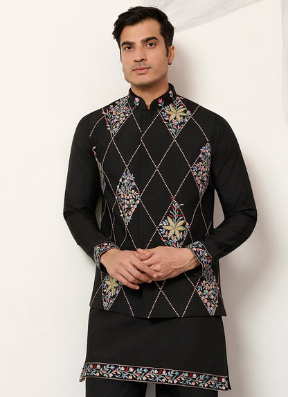 Viscose Art Silk Black Festival Wear Sequins Embroidery Work Readymade Modi Jacket Kurta Pajama 388647