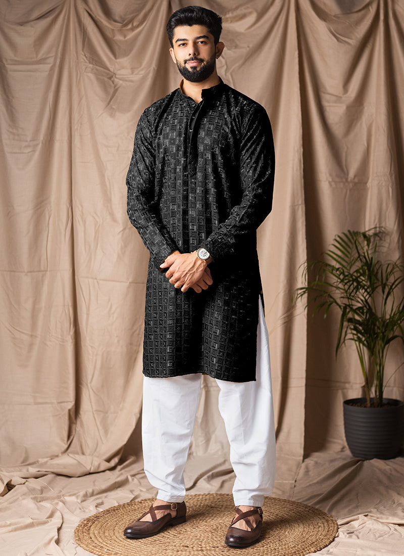 Black Viscose Rayon Weaving Work Festival Wear Readymade Kurta Pajama SW666444
