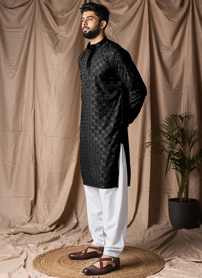 Black Viscose Rayon Weaving Work Festival Wear Readymade Kurta Pajama SW666444