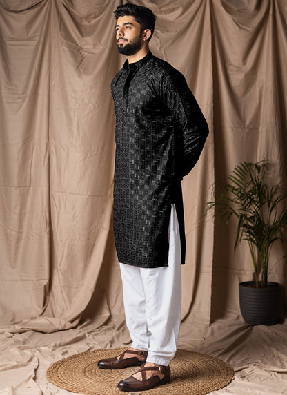 Black Viscose Rayon Weaving Work Festival Wear Readymade Kurta Pajama SW666444