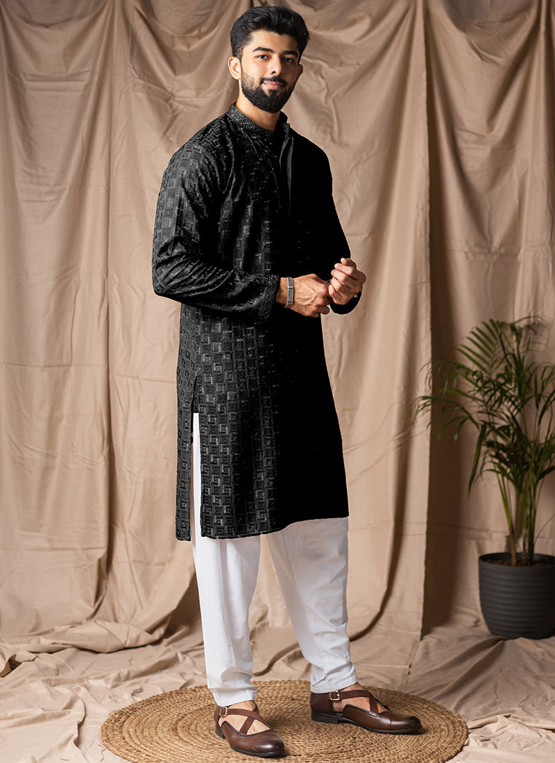 Black Viscose Rayon Weaving Work Festival Wear Readymade Kurta Pajama SW666444