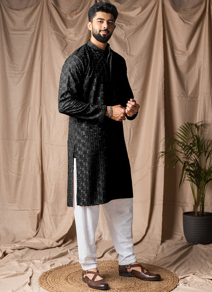 Black Viscose Rayon Weaving Work Festival Wear Readymade Kurta Pajama SW666444