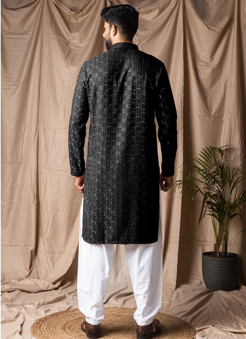 Black Viscose Rayon Weaving Work Festival Wear Readymade Kurta Pajama SW666444
