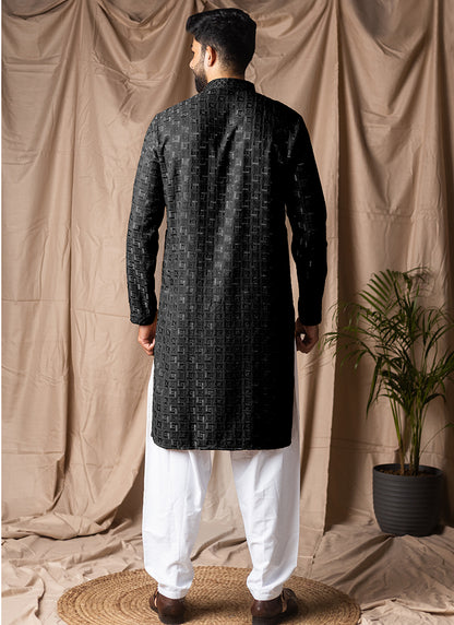 Black Viscose Rayon Weaving Work Festival Wear Readymade Kurta Pajama SW666444