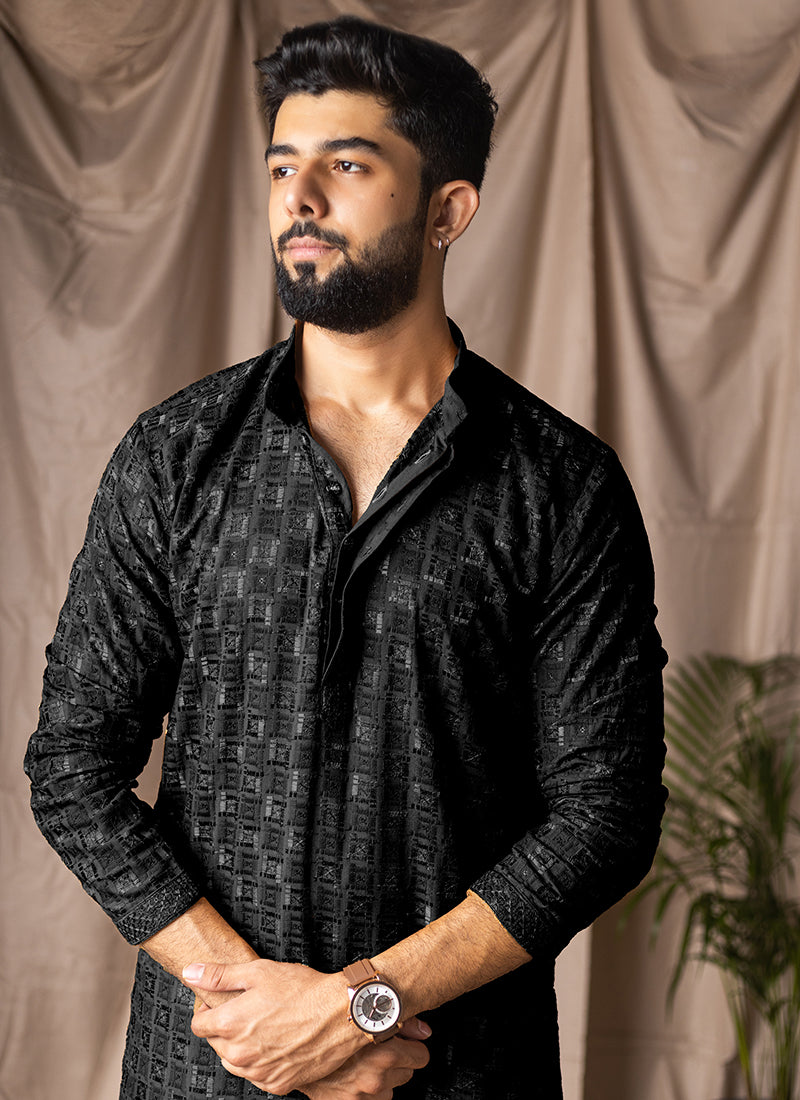 Black Viscose Rayon Weaving Work Festival Wear Readymade Kurta Pajama SW666444