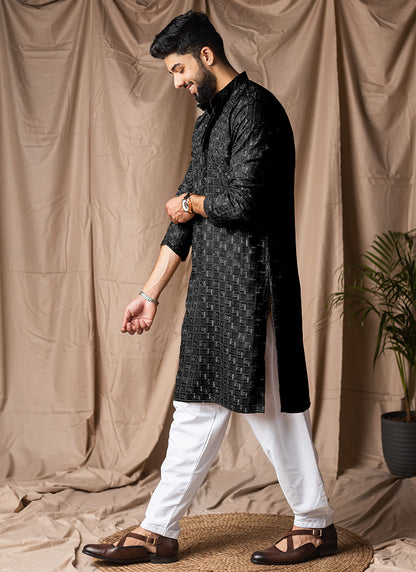 Black Viscose Rayon Weaving Work Festival Wear Readymade Kurta Pajama SW666444