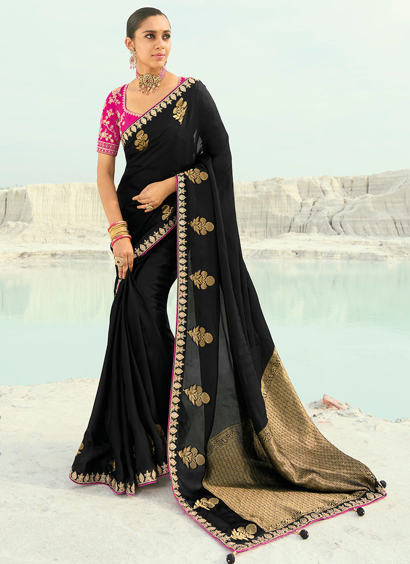 Viscose Satin Black Wedding Wear Heavy Work Wedding Saree 386456