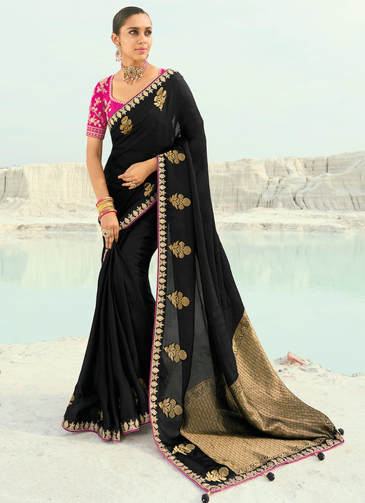 Viscose Satin Black Wedding Wear Heavy Work Wedding Saree 386456