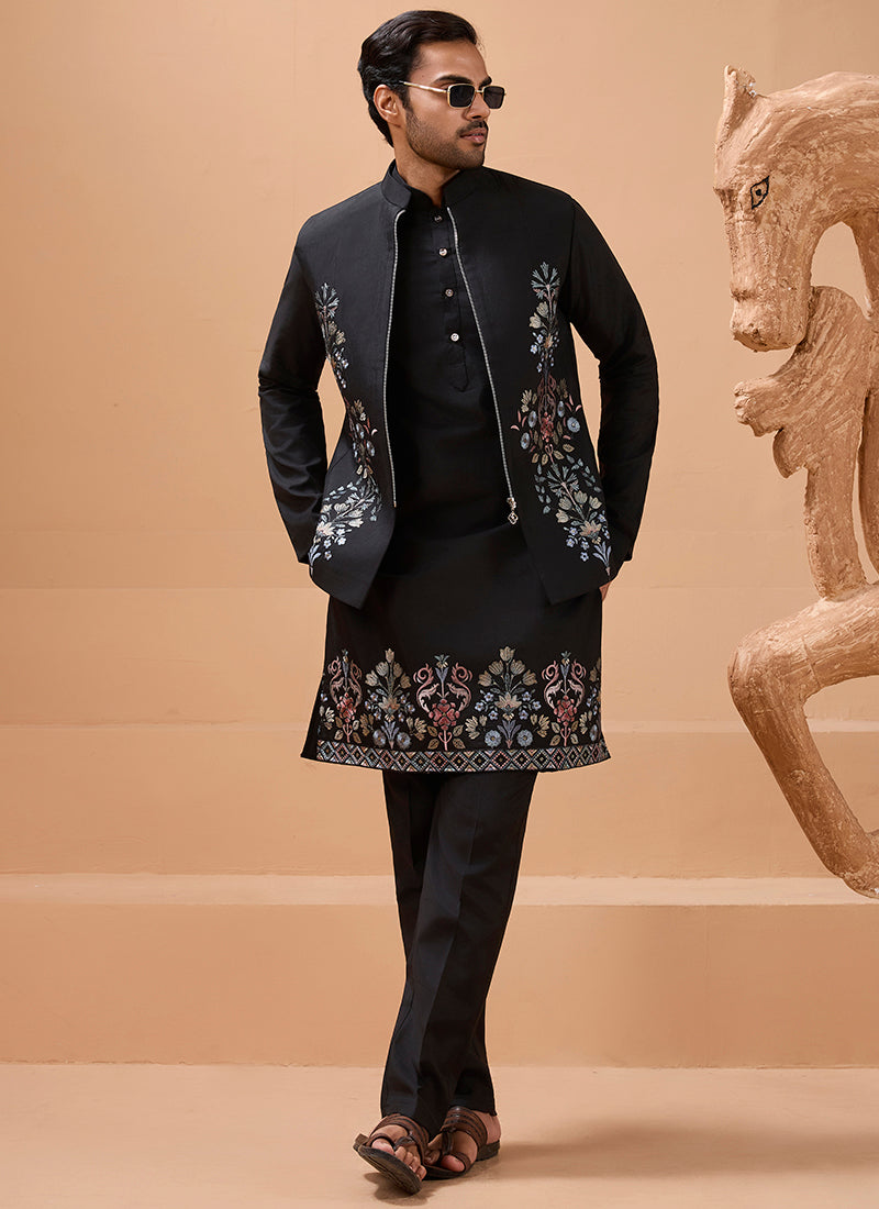 386667 Viscose Silk Black Festival Wear Sequin Embroidery Work Readymade Modi Jacket Kurta Pajama