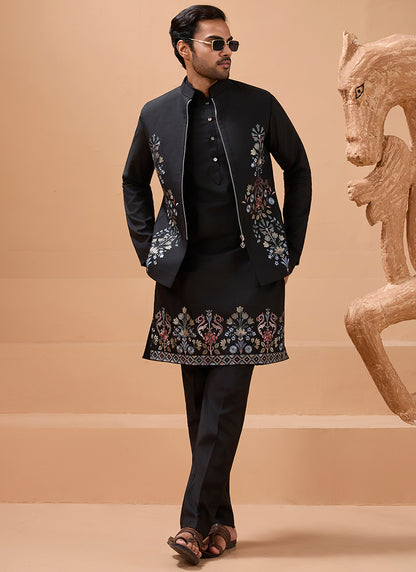 386667 Viscose Silk Black Festival Wear Sequin Embroidery Work Readymade Modi Jacket Kurta Pajama