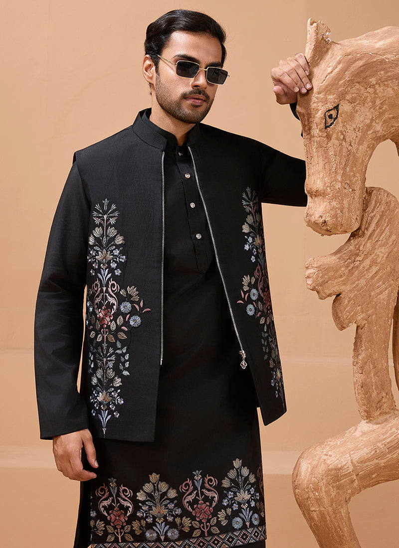 386667 Viscose Silk Black Festival Wear Sequin Embroidery Work Readymade Modi Jacket Kurta Pajama