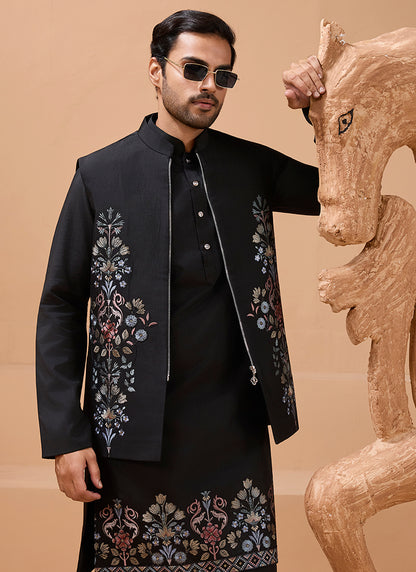386667 Viscose Silk Black Festival Wear Sequin Embroidery Work Readymade Modi Jacket Kurta Pajama