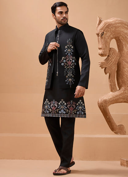 386667 Viscose Silk Black Festival Wear Sequin Embroidery Work Readymade Modi Jacket Kurta Pajama