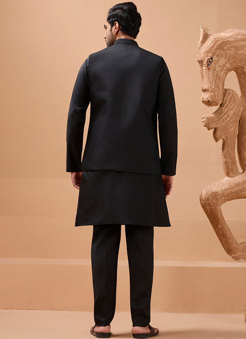 386667 Viscose Silk Black Festival Wear Sequin Embroidery Work Readymade Modi Jacket Kurta Pajama