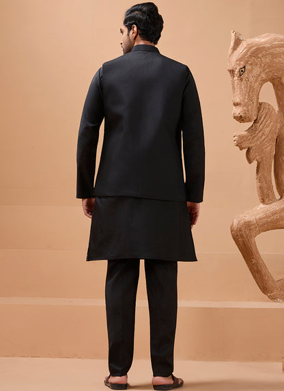 386667 Viscose Silk Black Festival Wear Sequin Embroidery Work Readymade Modi Jacket Kurta Pajama