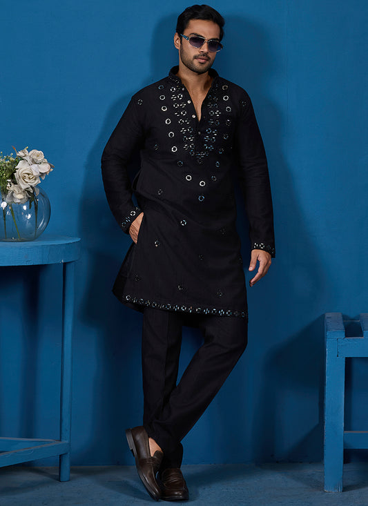 Viscose Silk Black Festive Wear Mirror Work Readymade Kurta Pajama 385853
