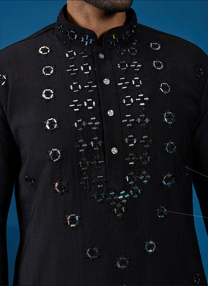 Viscose Silk Black Festive Wear Mirror Work Readymade Kurta Pajama 385853