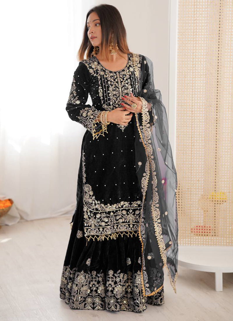 Black Viscose Velvet Embroidery Work Festival Wear Readymade Sharara Suit SW805965