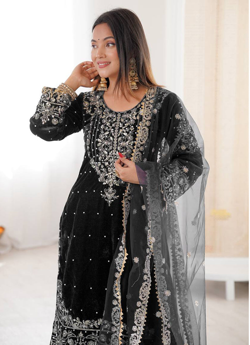 Black Viscose Velvet Embroidery Work Festival Wear Readymade Sharara Suit SW805965