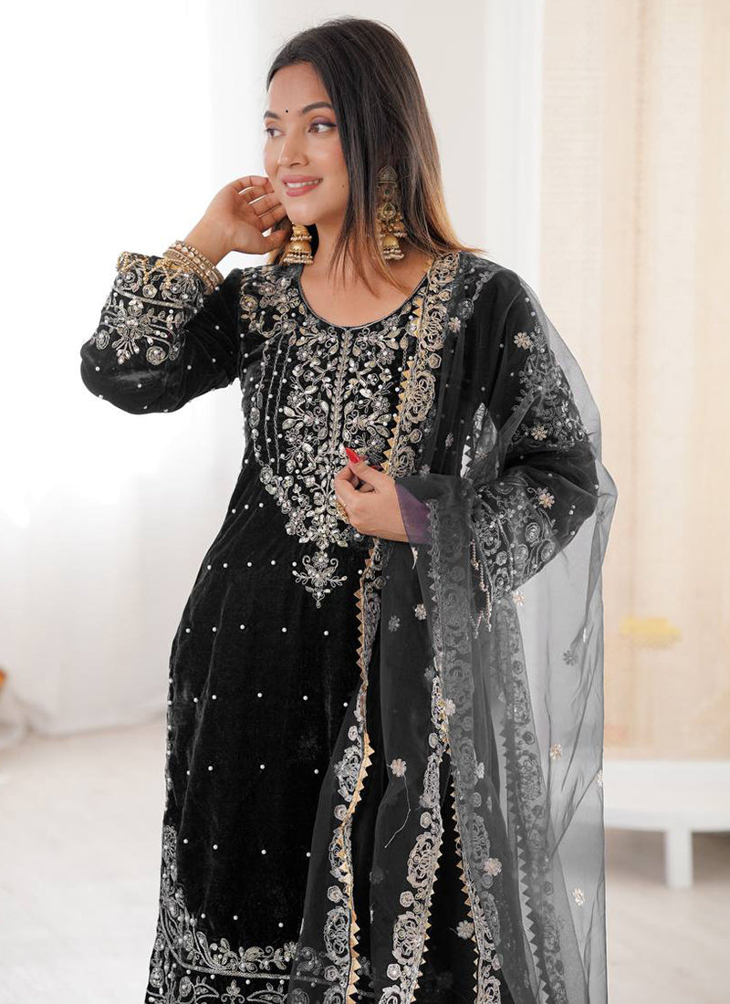 Black Viscose Velvet Embroidery Work Festival Wear Readymade Sharara Suit SW805965