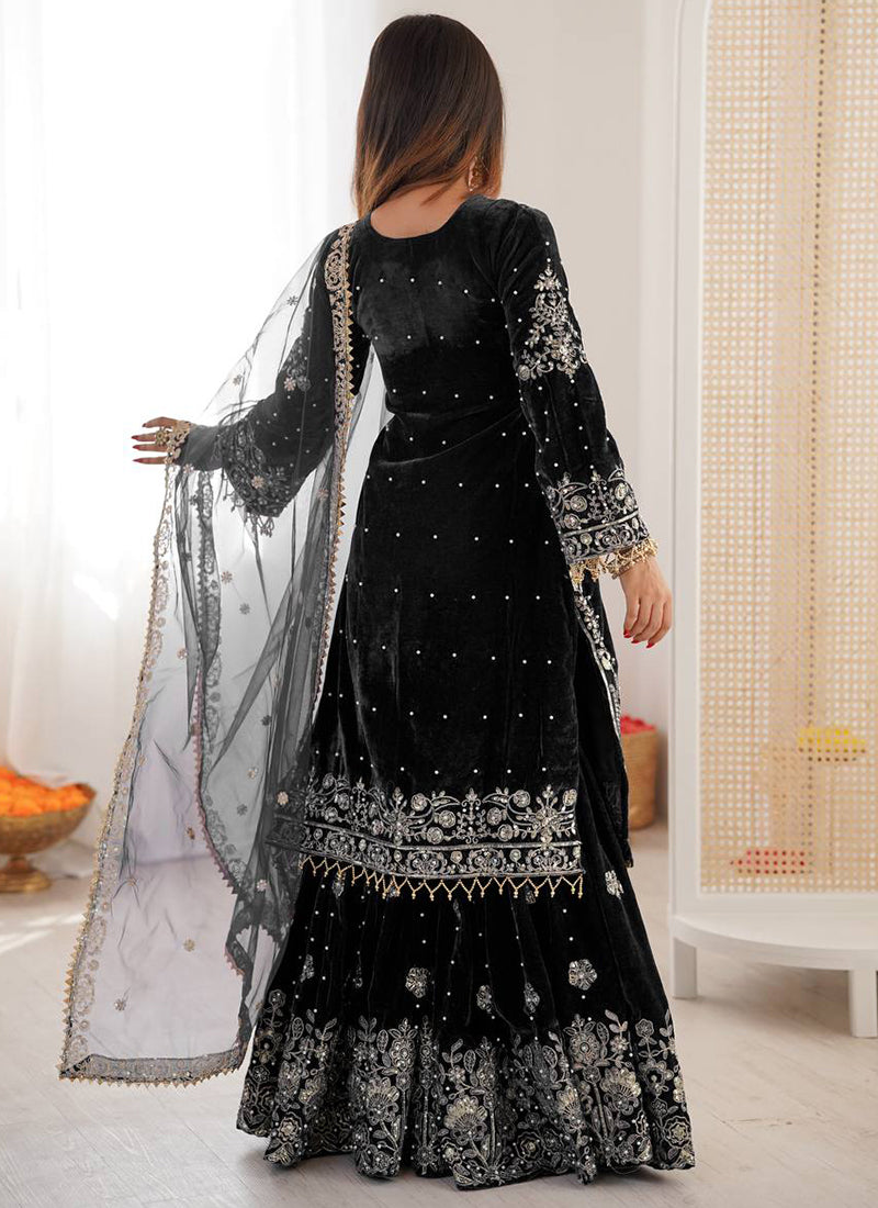 Black Viscose Velvet Embroidery Work Festival Wear Readymade Sharara Suit SW805965