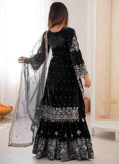 Black Viscose Velvet Embroidery Work Festival Wear Readymade Sharara Suit SW805965