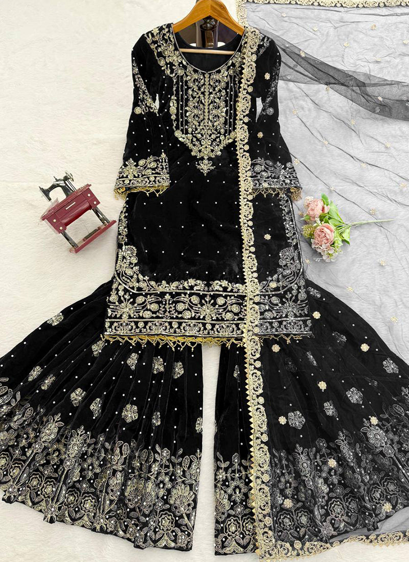 Black Viscose Velvet Embroidery Work Festival Wear Readymade Sharara Suit SW805965